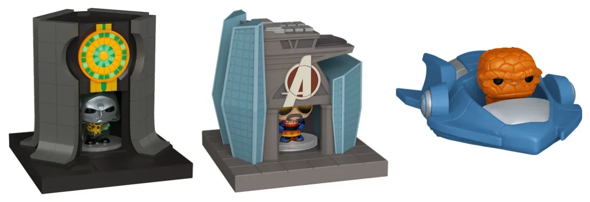 Funko Bitty Pop Vengadores: Doomsday – Lord Doom y la torre de Doomstadt, Guardián Rojo y la torre de los Vengadores, la Cosa en el Jumpjet de los Cuatro Fantásticos