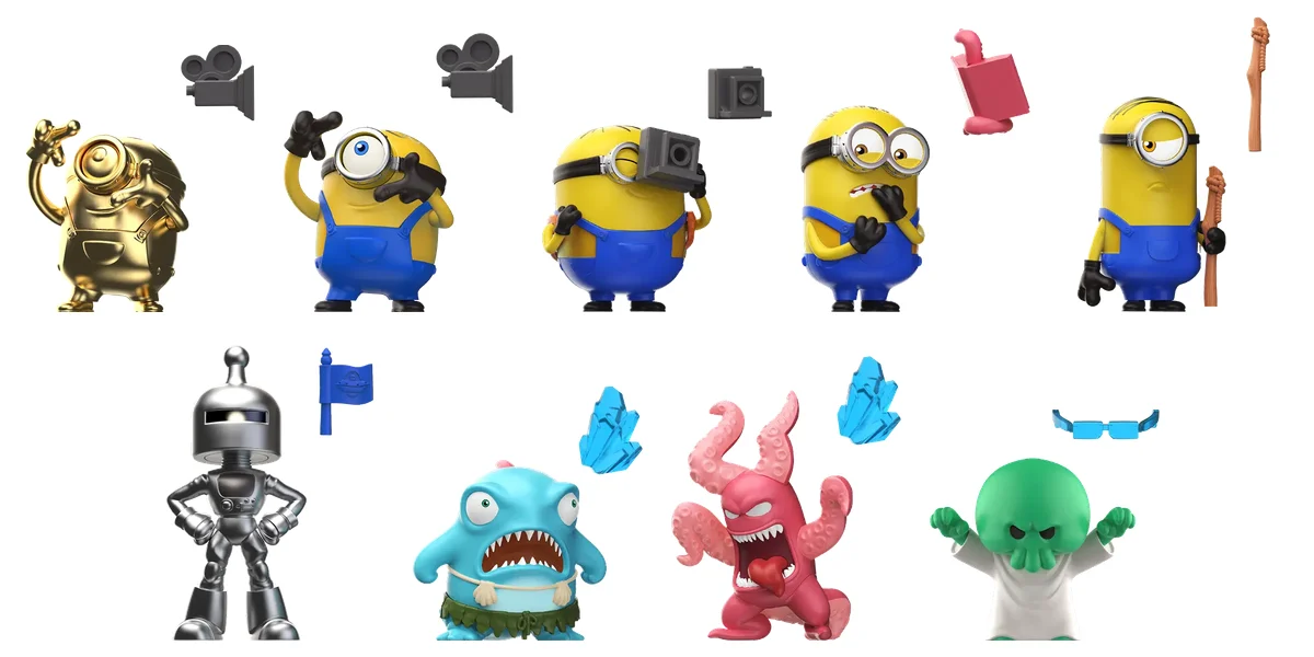 Gumi Yum Surprise Minions & Monsters: alle 9 Figuren mit Zubehör, vorne der goldene Minion