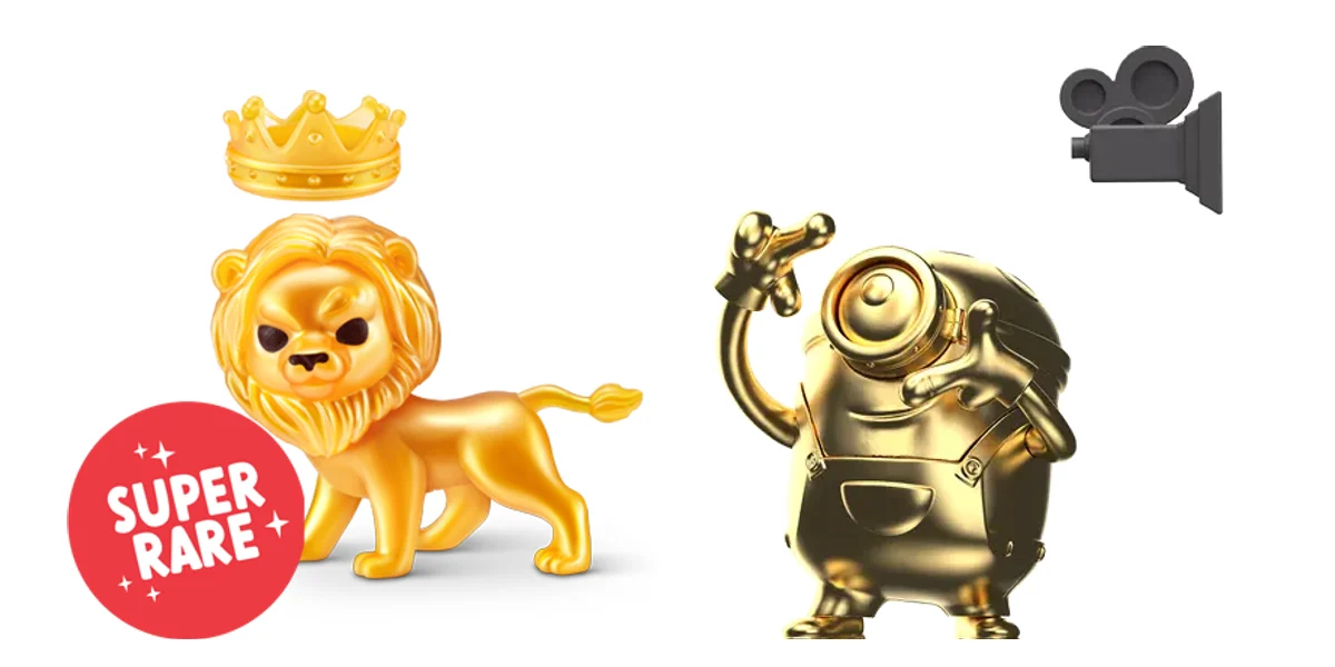 Goldener Löwe mit Krone und goldener Minion mit Filmkamera von Gumi Yum Surprise, offizielle Renderbilder