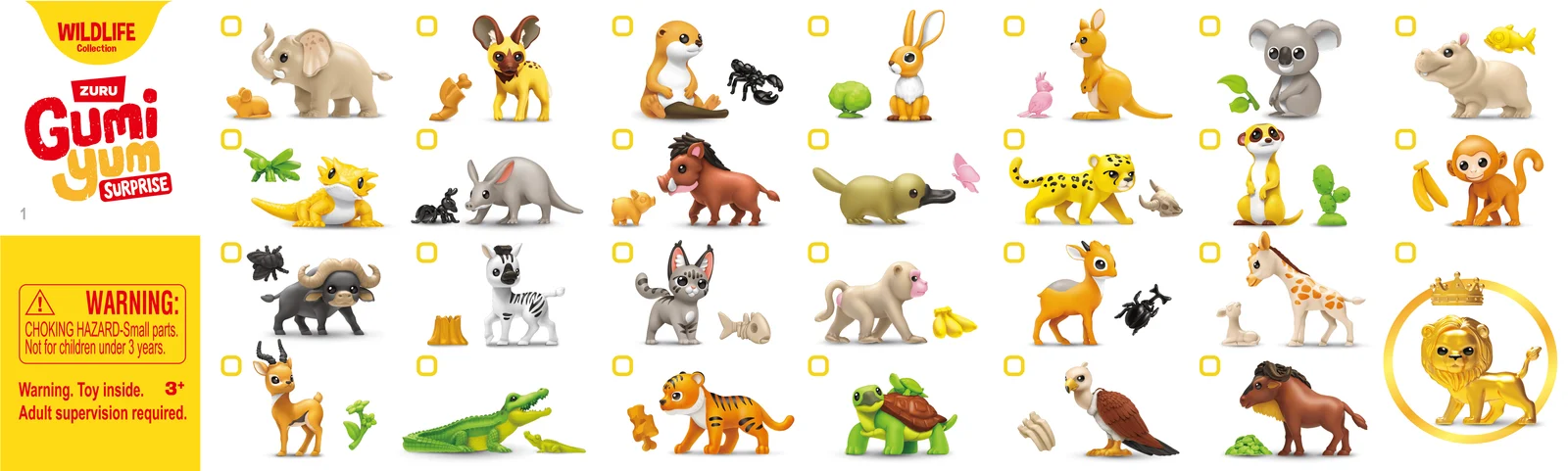 Offizieller Sammelguide Gumi Yum Surprise Wildlife: 27 Tiere mit Zubehör, goldener Löwe im Goldkreis