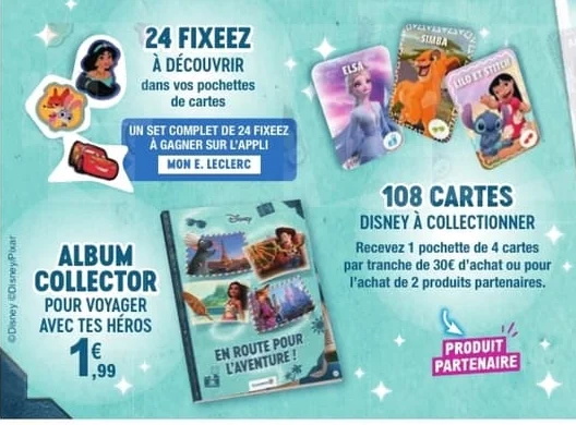 Visuel E.Leclerc 2026 : album collector « En route pour l'aventure ! », cartes Elsa, Simba, Lilo et Stitch et trois Fixeez