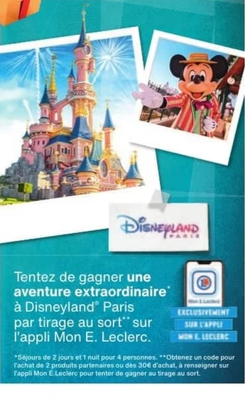 Visuel E.Leclerc 2026 : séjour à Disneyland Paris à gagner par tirage au sort sur l'appli Mon E.Leclerc